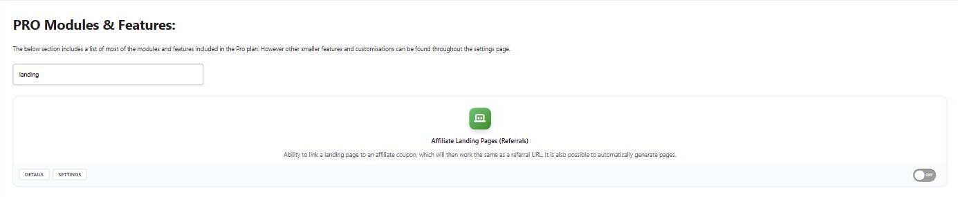 The Affiliate Landing Pages module card in the PRO Modules section, found by searching for landing