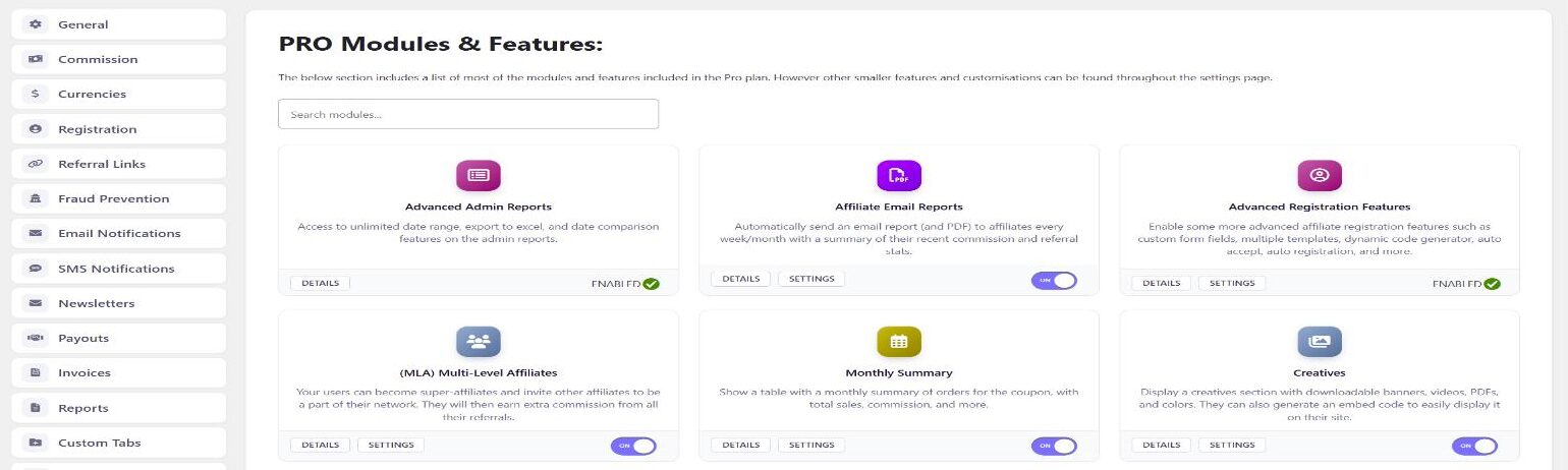 The PRO Modules & Features section of the plugin settings, showing the settings tab list and module cards with enable toggles