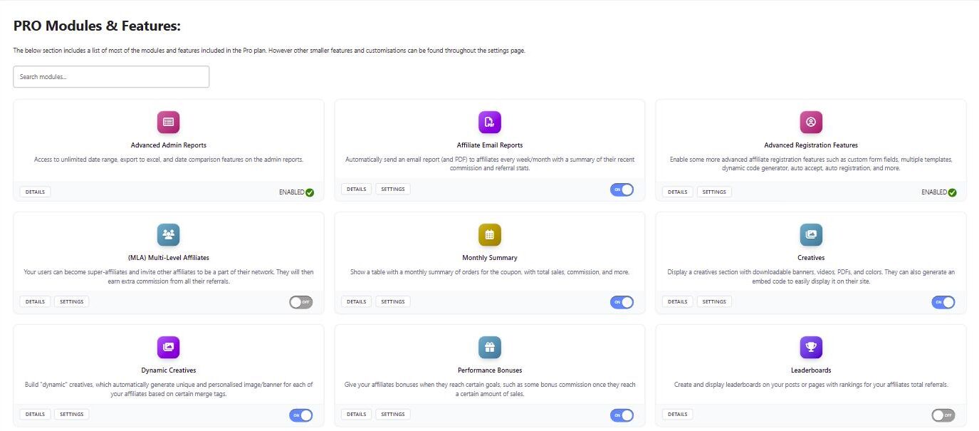 The PRO Modules and Features section of the Coupon Affiliates settings, showing module cards with enable toggles
