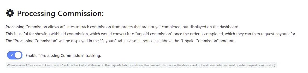 Processing Commission section on the Payouts settings tab, with tracking enabled