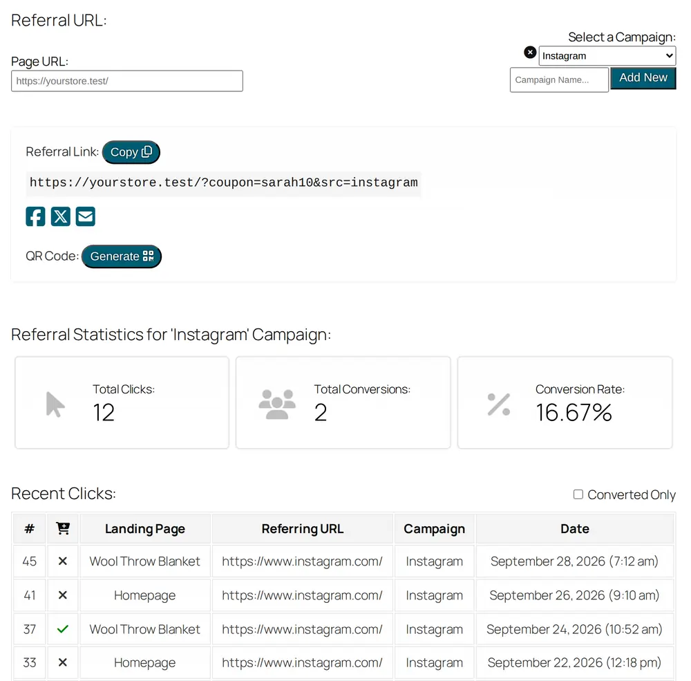 The Referral URL tab of the affiliate dashboard with a campaign selected, showing the campaign link, clicks, conversions and conversion rate