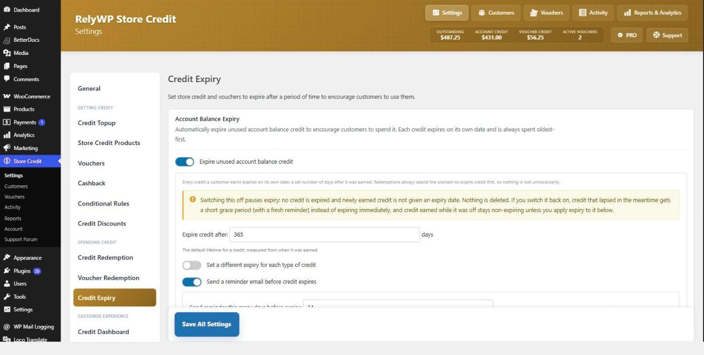 Credit Expiry settings in Simple Store Credit, with account balance expiry switched on, credit set to expire after 365 days, and a reminder email before credit expires