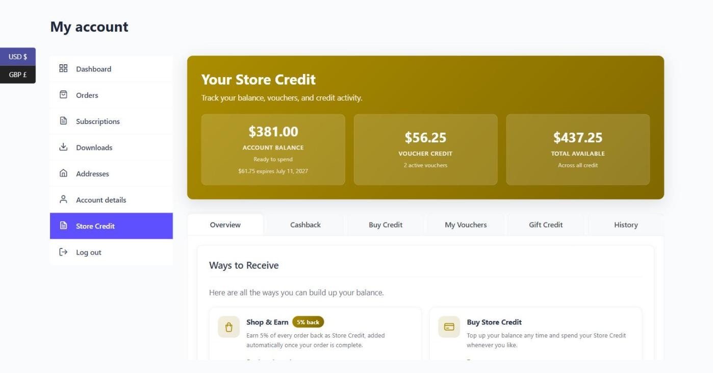 Simple Store Credit dashboard in the WooCommerce My Account area, showing the account balance, voucher credit and total available, with tabs for cashback, buying credit, vouchers, gifting and history