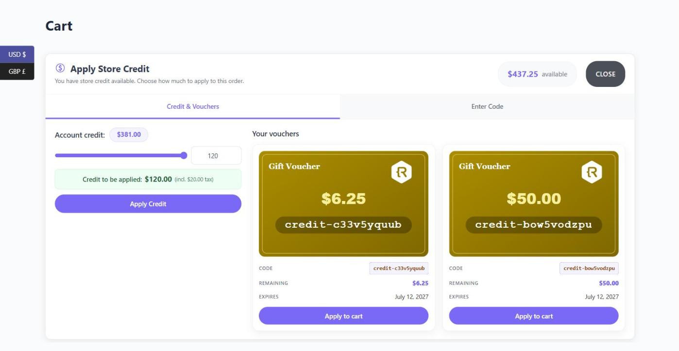Apply Store Credit panel on the WooCommerce cart, with a slider for choosing how much account credit to apply and two gift vouchers showing their remaining balance and expiry date
