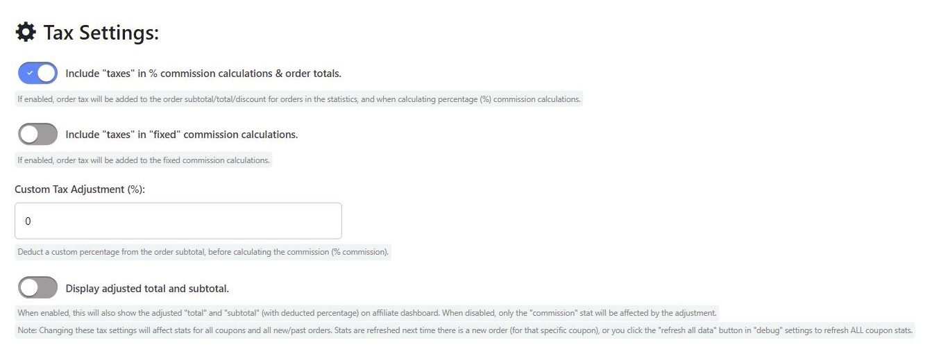 Tax Settings section on the Commission settings tab, showing the two include-taxes toggles, the Custom Tax Adjustment (%) field and the Display adjusted total and subtotal toggle