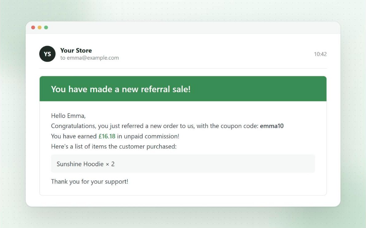 Email notification telling an affiliate they made a new referral sale, with their coupon code and commission earned