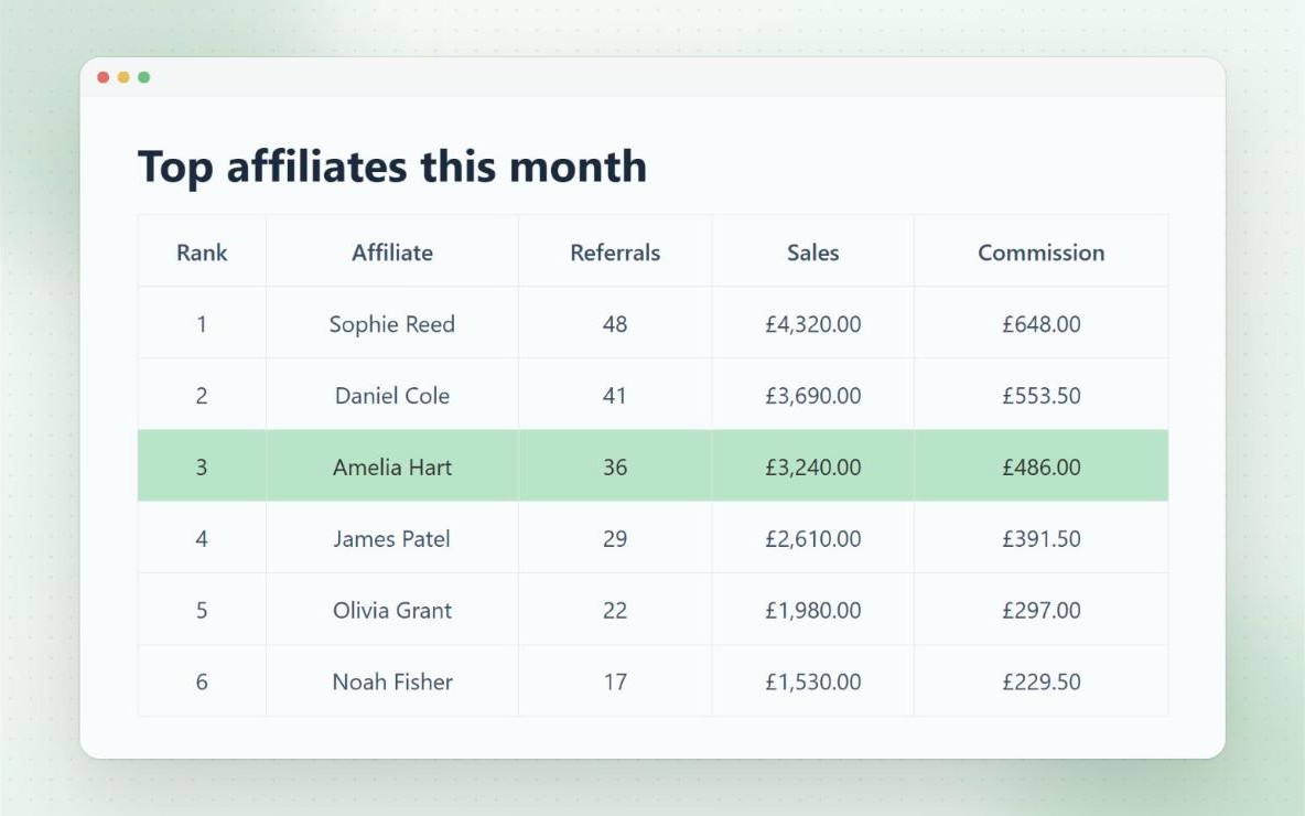 Affiliate leaderboard table ranking top affiliates by referrals, sales and commission, with the logged-in affiliate highlighted