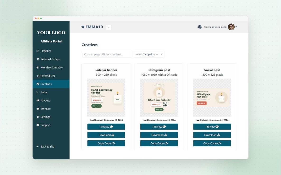 Creatives tab in the Affiliate Portal, with a sidebar banner, an Instagram post with a QR code and a social post, each personalised with the affiliate’s EMMA10 coupon and with Preview, Download and Copy Code buttons