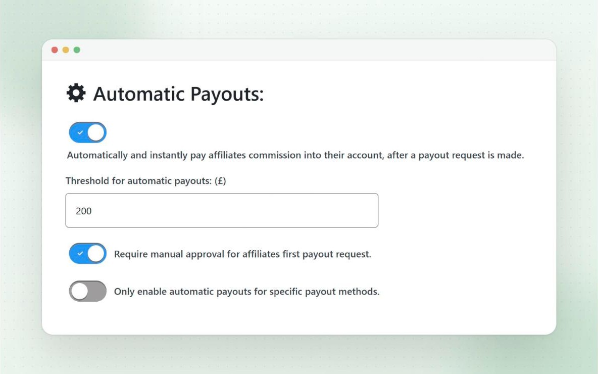 Automatic Payouts settings in Coupon Affiliates, with automatic payouts switched on, a £200 threshold, and manual approval required for an affiliate’s first payout