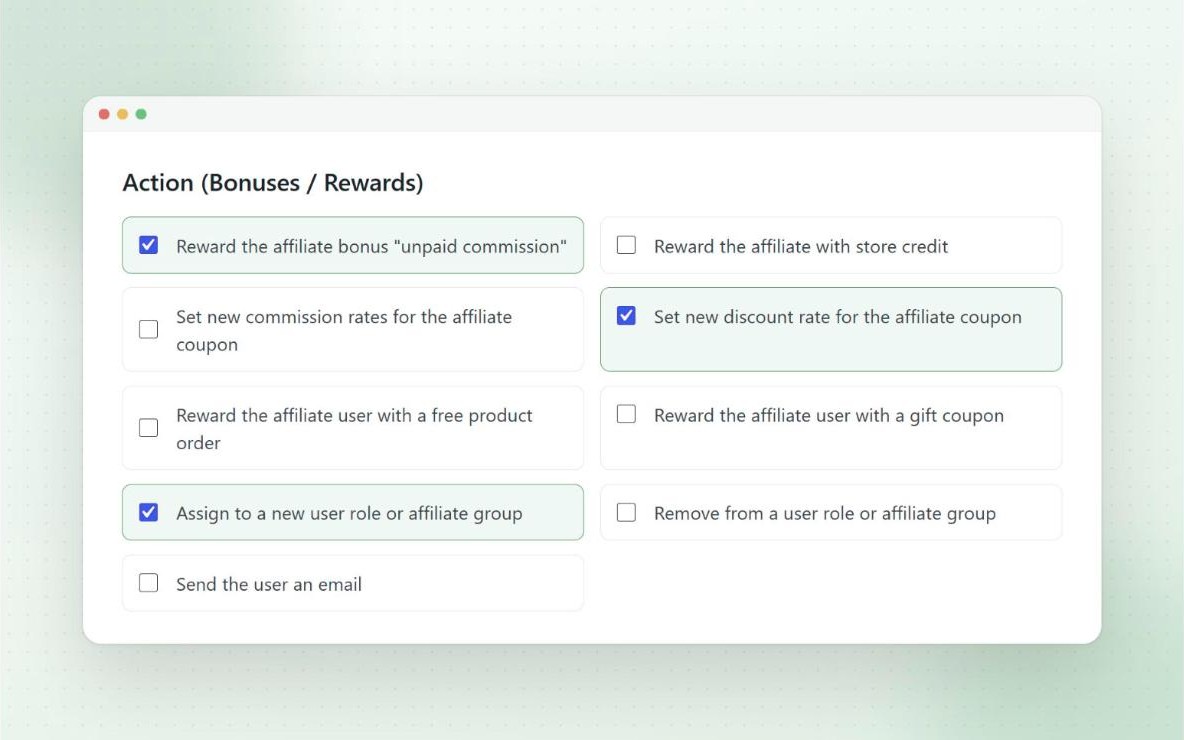 Performance bonus reward options including bonus commission, store credit, new commission rates, gift coupons and group upgrades