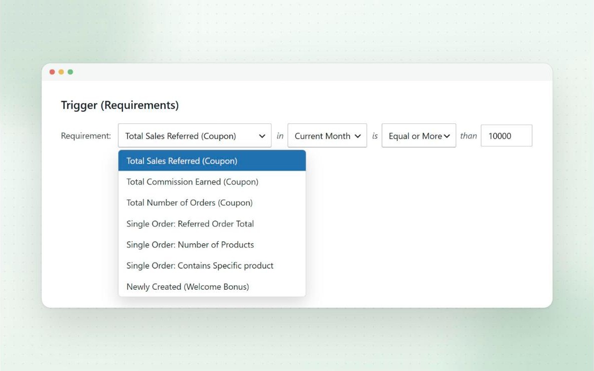 Performance bonus trigger settings with requirement types such as total sales, commission, orders and single order rules