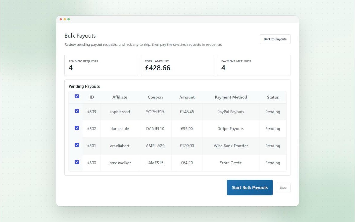 Bulk Payouts page listing pending PayPal, Stripe, Wise and store credit requests ready to pay in sequence