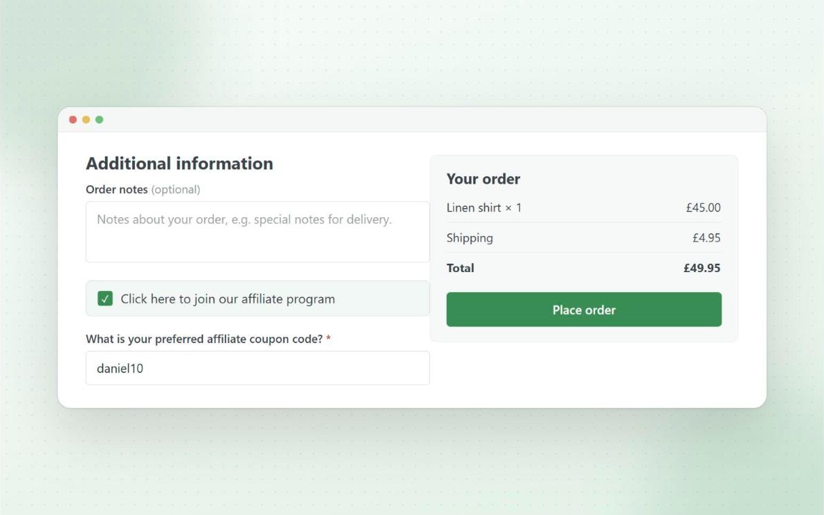 WooCommerce checkout with a ticked checkbox to join the affiliate program and a preferred coupon code field