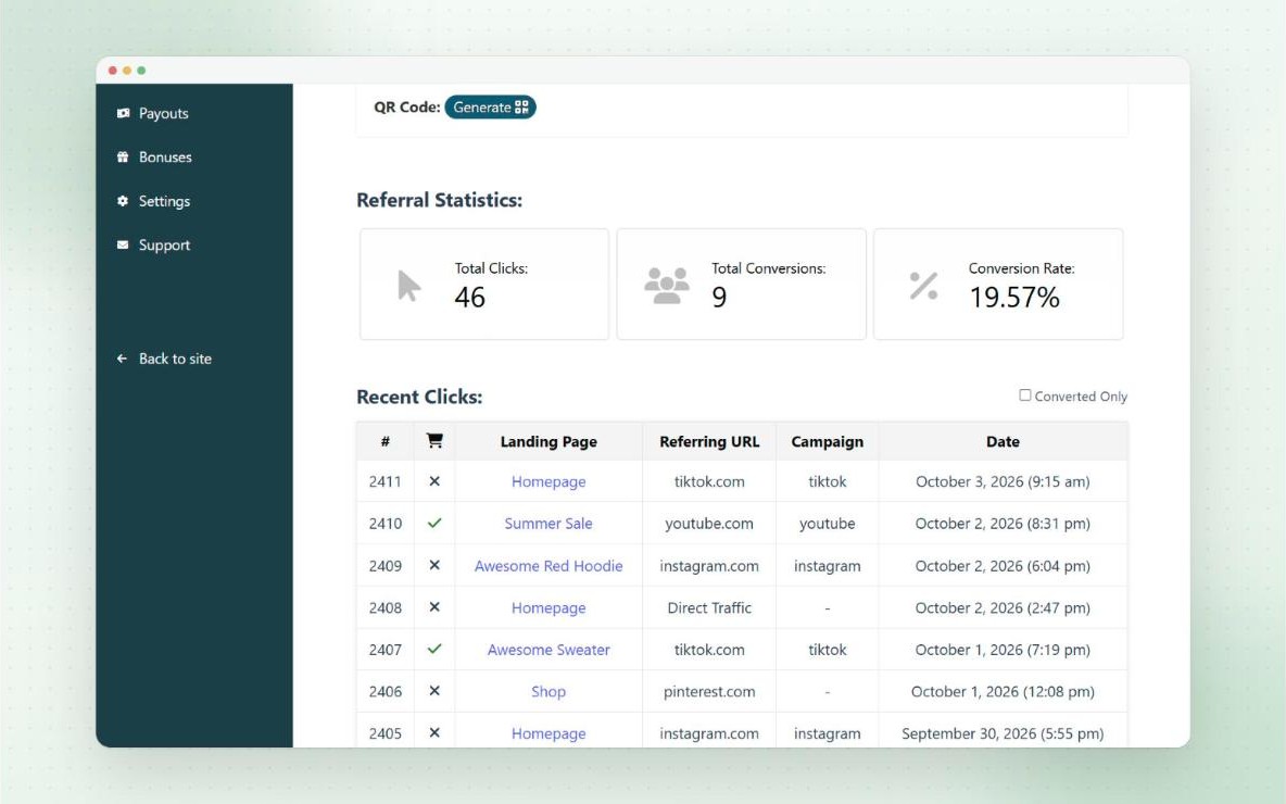 Referral statistics in the Affiliate Portal, with total clicks, conversions and conversion rate, and a recent clicks log showing the landing page, referring site, campaign and date of each click