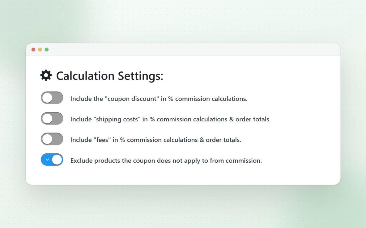 Commission calculation settings for including coupon discounts, shipping and fees, and excluding products the coupon does not apply to