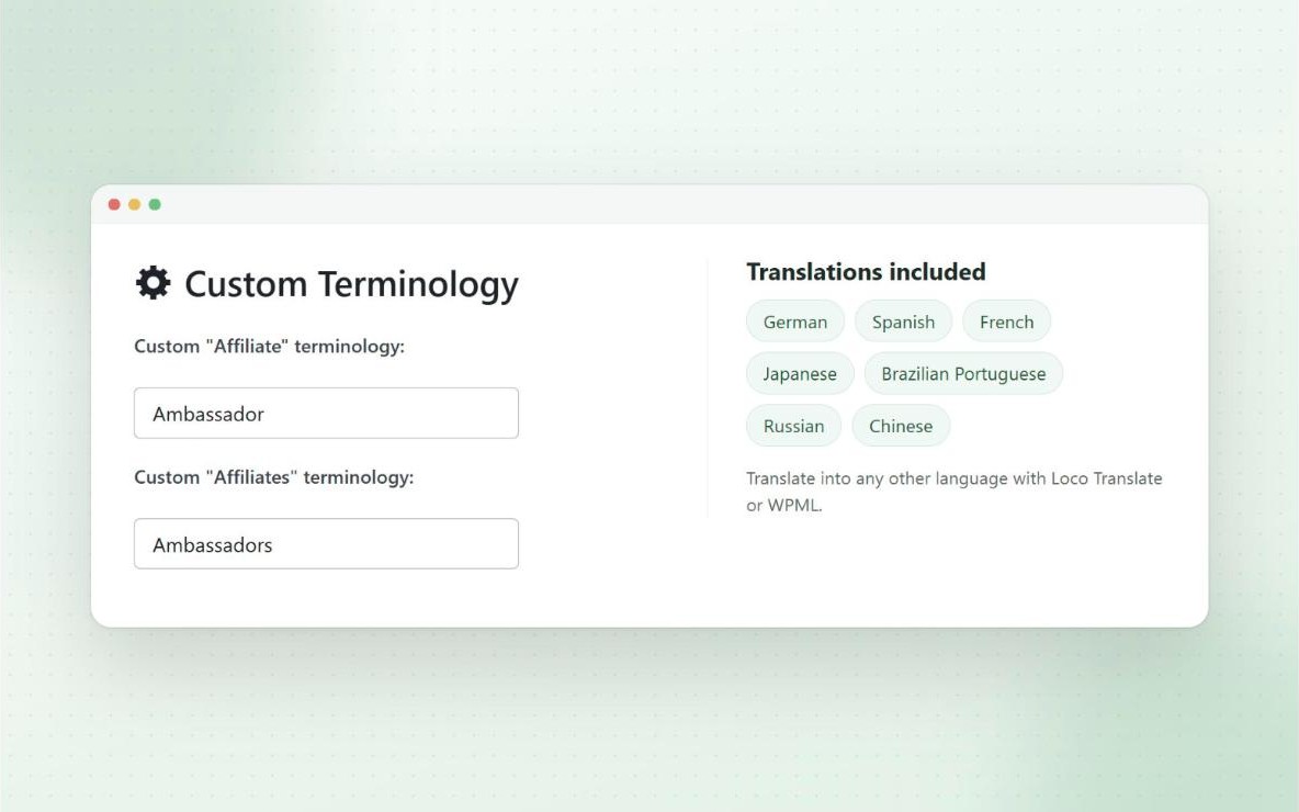 Custom terminology settings renaming affiliates to ambassadors, with the included plugin translations