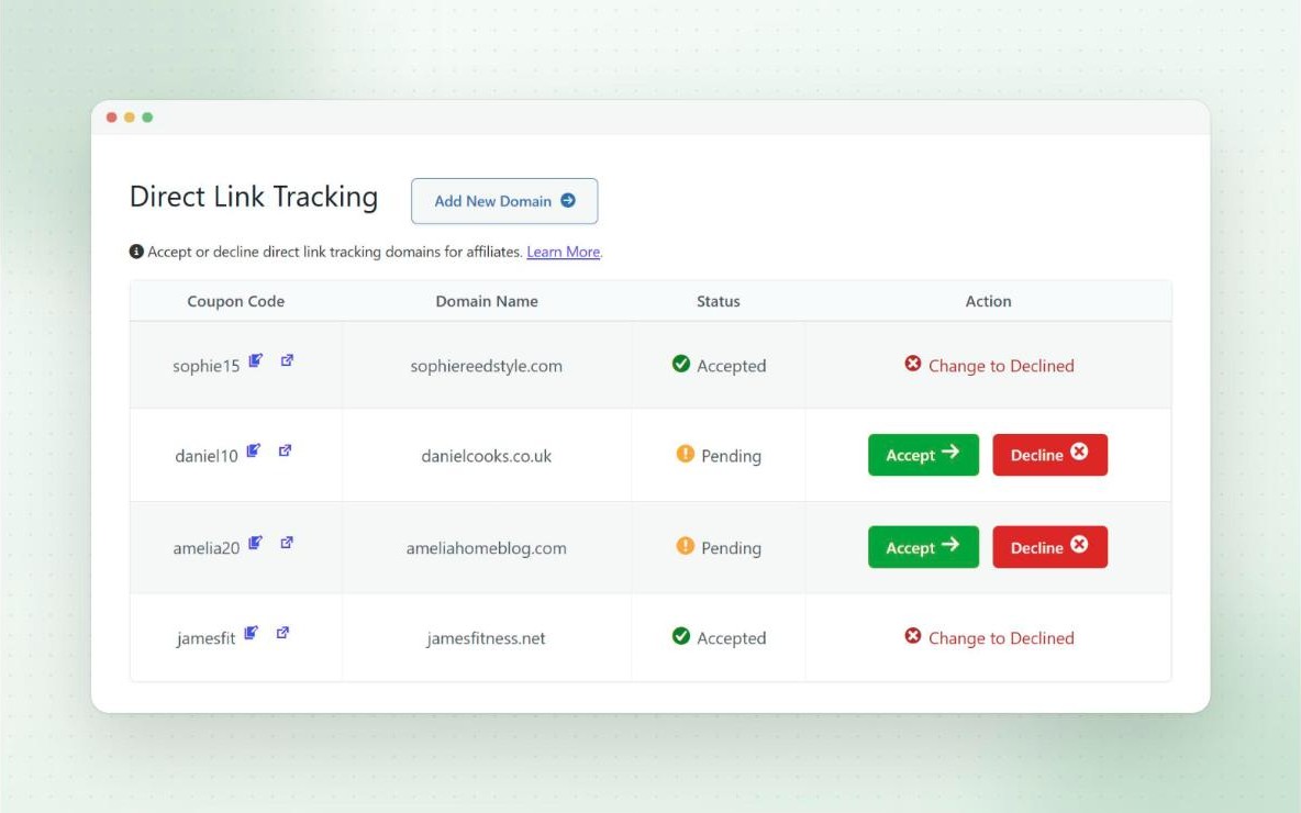 Direct link tracking admin page with affiliate domains to accept or decline in Coupon Affiliates
