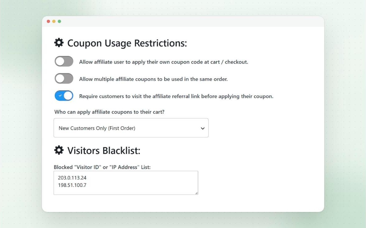 Affiliate fraud prevention settings for own coupons, one affiliate coupon per order, requiring the referral link, new customers only and a visitors blacklist