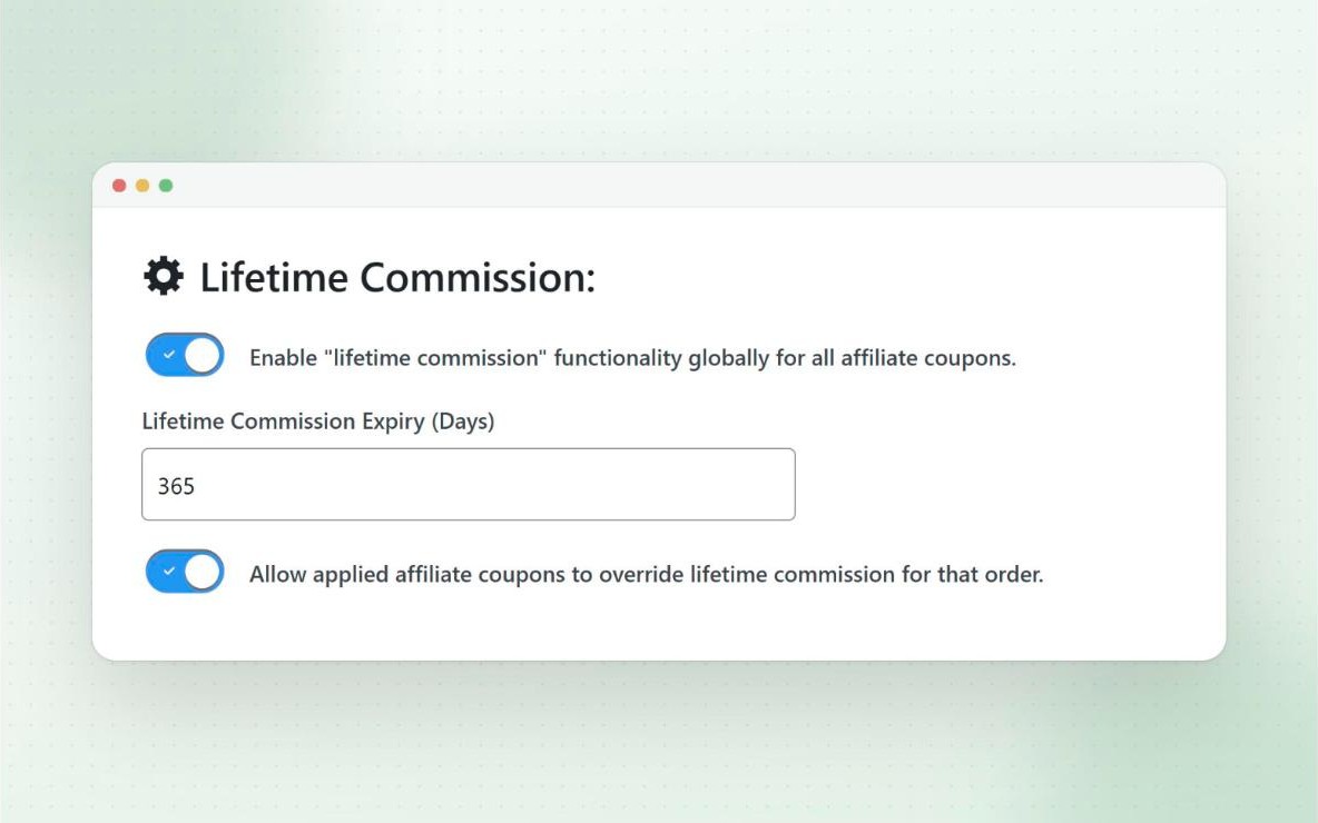 Lifetime commission settings with a 365-day expiry and the option for applied coupons to override the lifetime referral