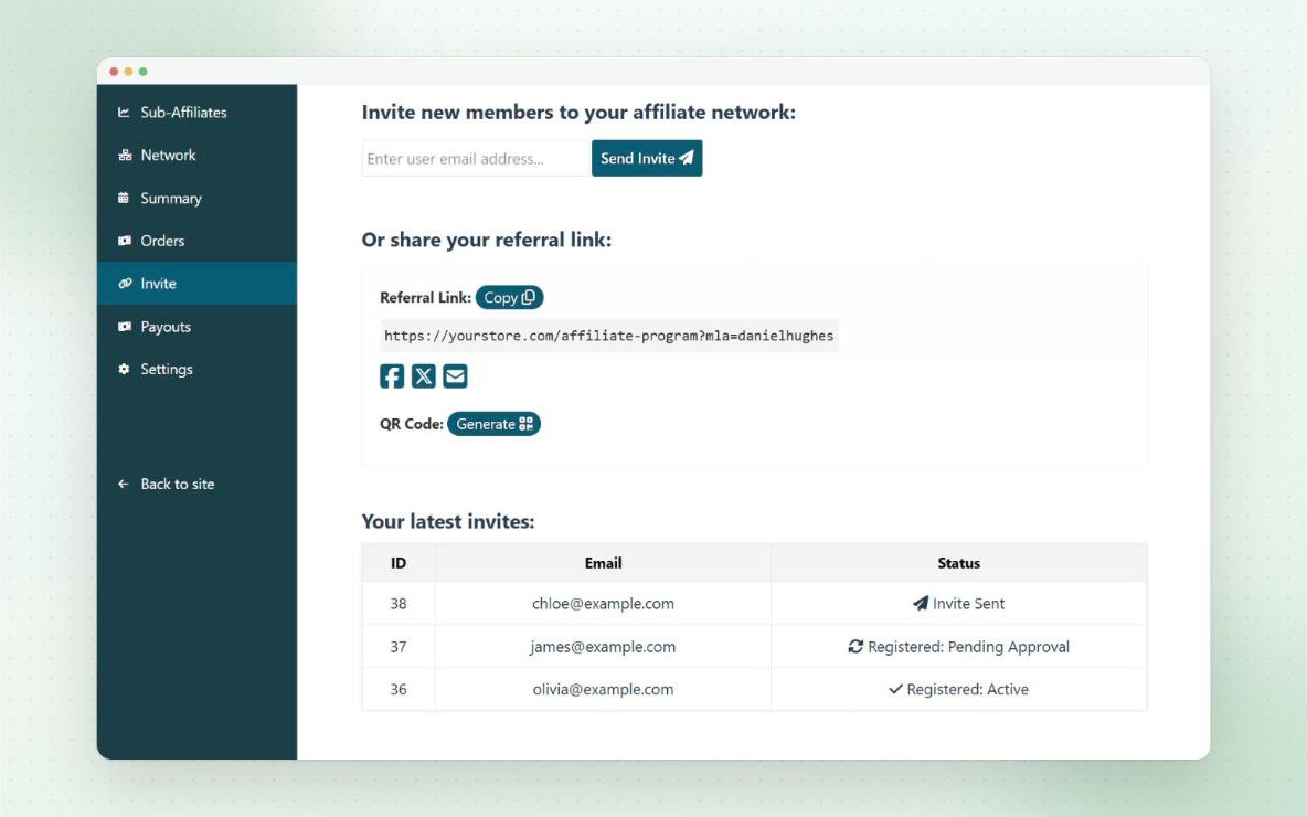 Invite tab on the Multi-Level Affiliate Portal, with an email invite form, the affiliate’s invite link, sharing and QR code buttons, and a list of recent invites and their status