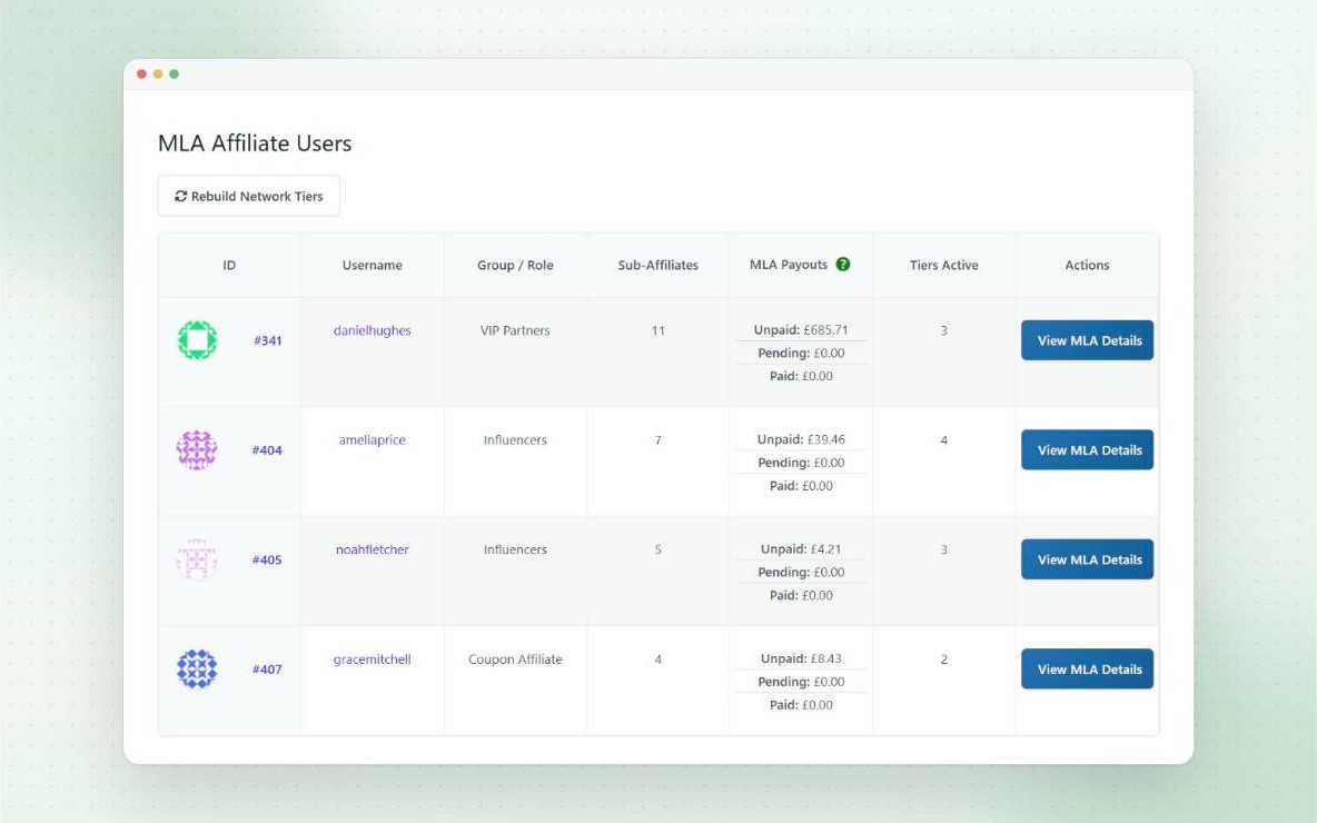 MLA Affiliate Users admin page in Coupon Affiliates, listing parent affiliates with their sub-affiliates, MLA payouts and active tiers, and a Rebuild Network Tiers button