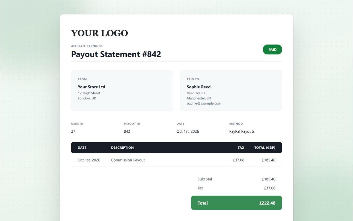 Example PDF payout statement from Coupon Affiliates, showing the store and affiliate details, payout method, tax and a total of £222.48