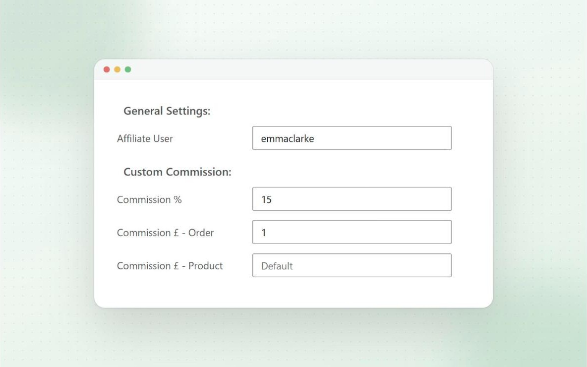 Coupon Affiliates tab on a WooCommerce coupon with the assigned affiliate and custom affiliate commission rates