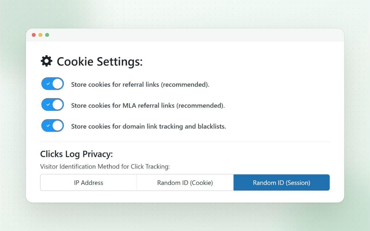 Privacy settings for referral cookies and the visitor identification method used for click tracking