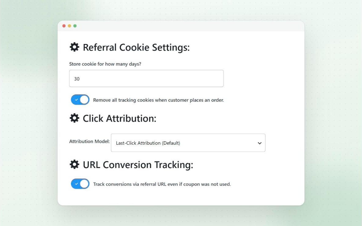 Referral cookie, click attribution and URL conversion tracking settings in Coupon Affiliates