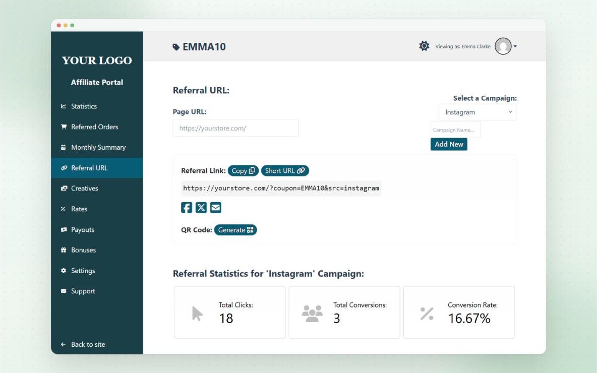 Affiliate dashboard Referral URL tab with an Instagram campaign selected, its affiliate referral links and click statistics
