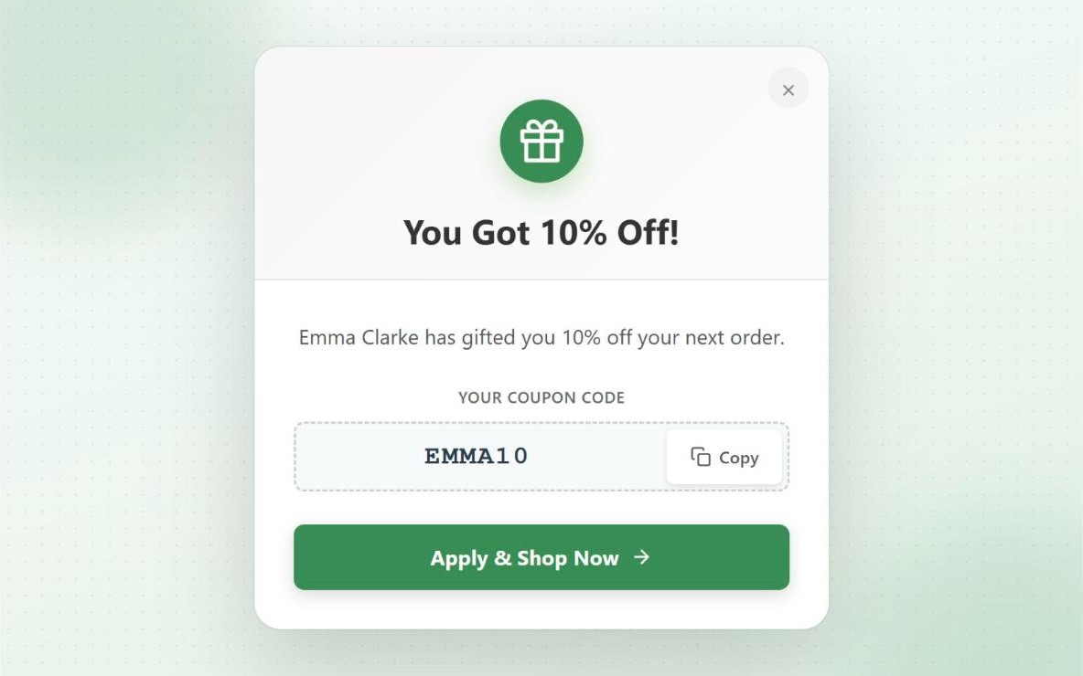 Referral welcome popup saying You Got 10% Off, with the referring affiliate’s name, the coupon code EMMA10, a Copy button and an Apply & Shop Now button