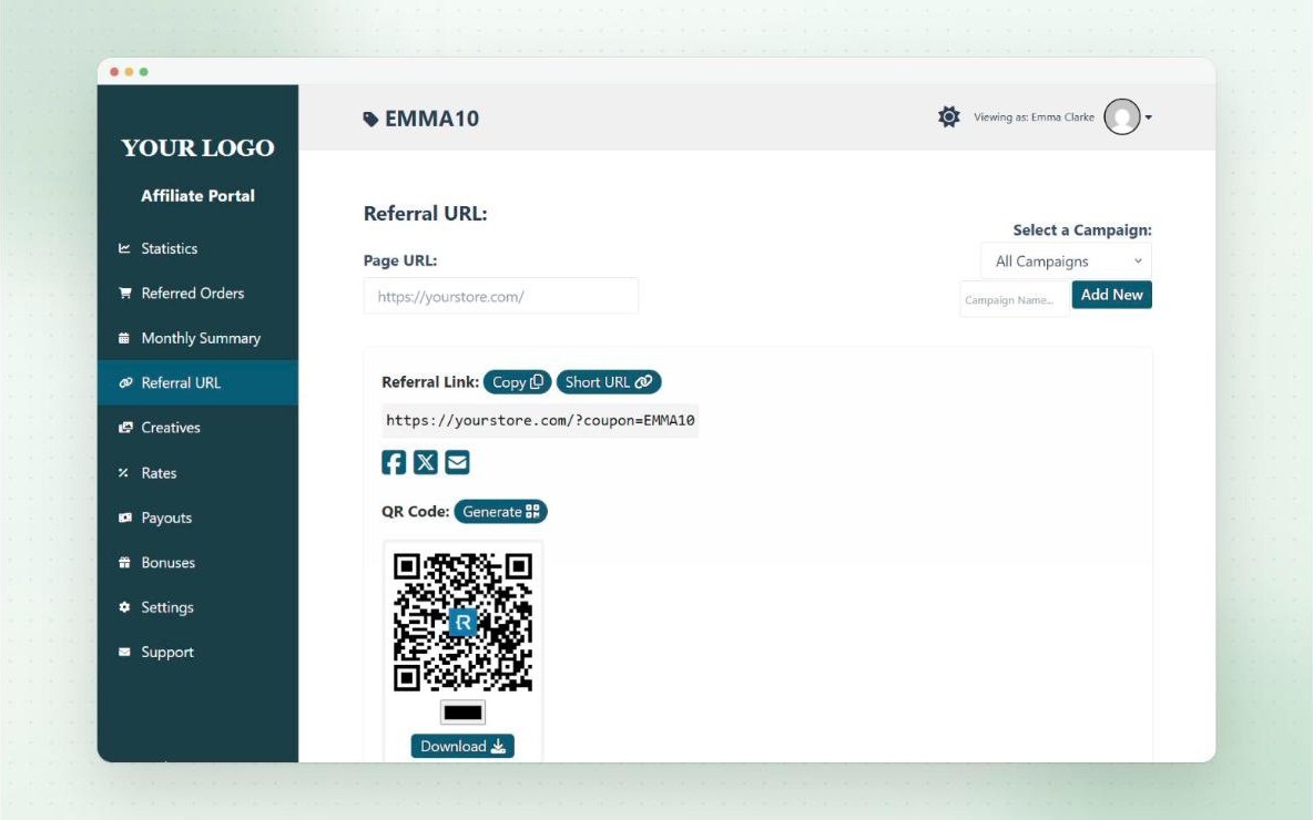 Referral URL tab in the Affiliate Portal, with the referral link, Copy and Short URL buttons, social sharing icons and a generated QR code