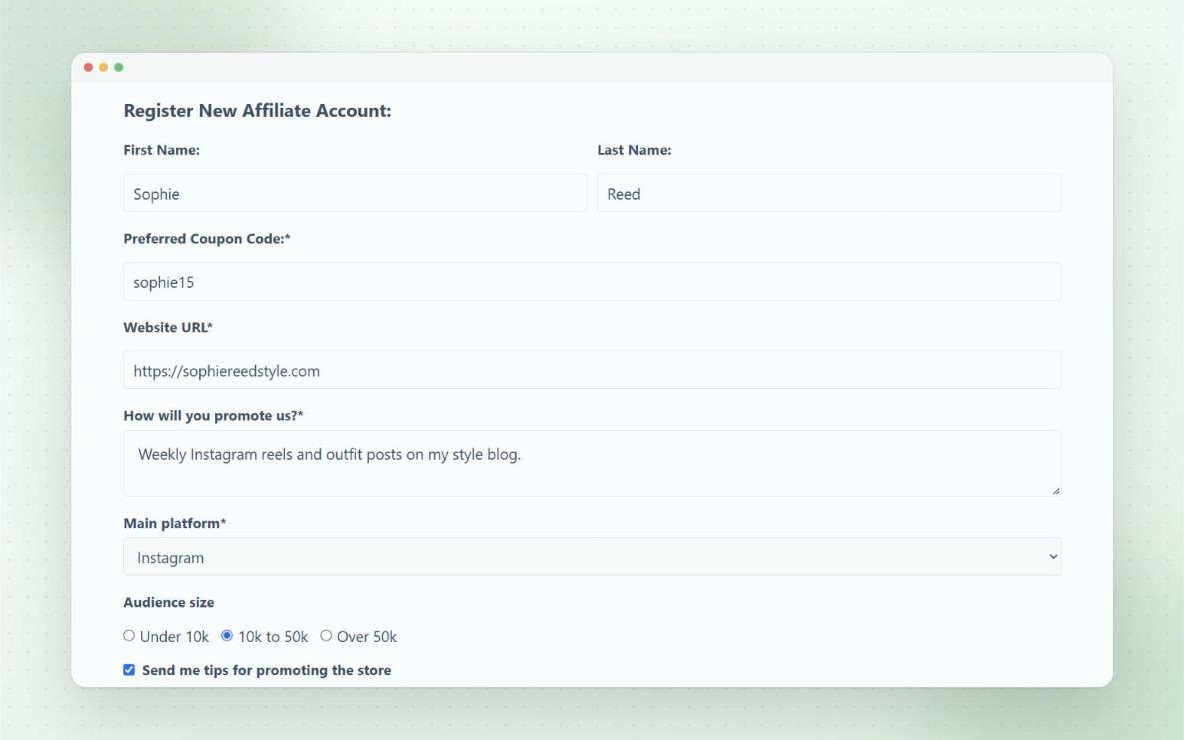 Affiliate registration form with custom fields for website, promotion method, platform and audience size