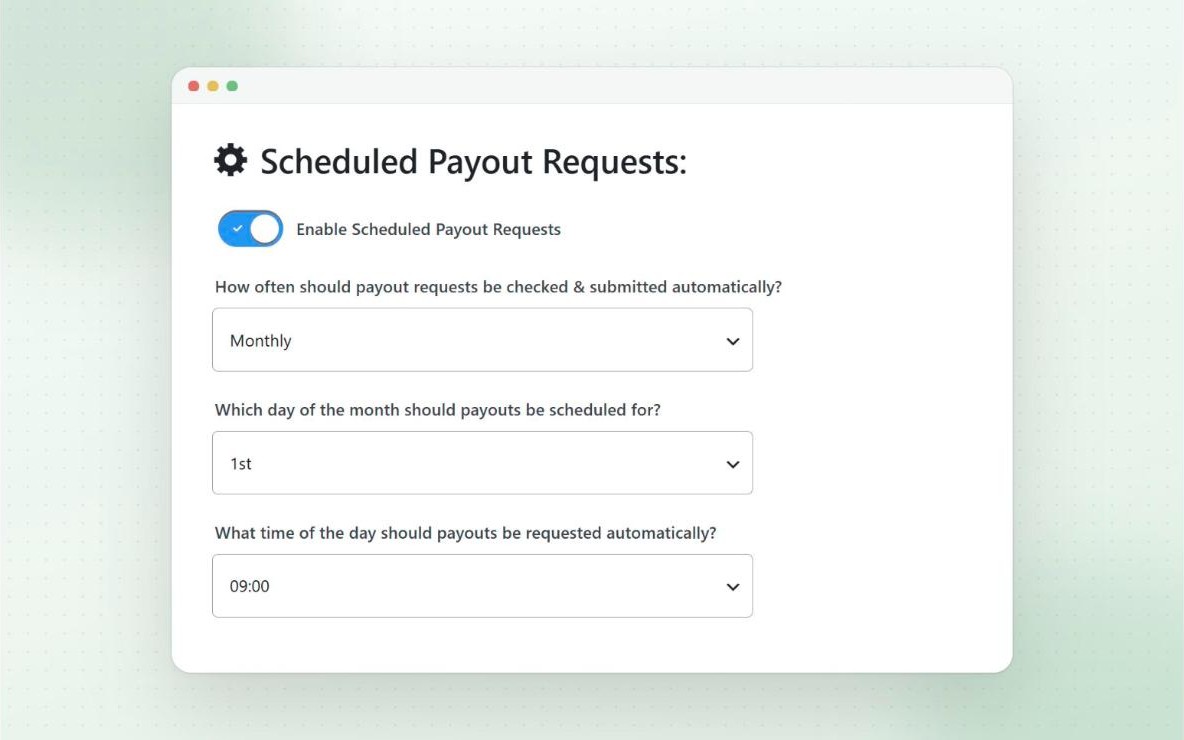Scheduled Payout Requests settings in Coupon Affiliates, set to submit payout requests monthly on the 1st at 09:00