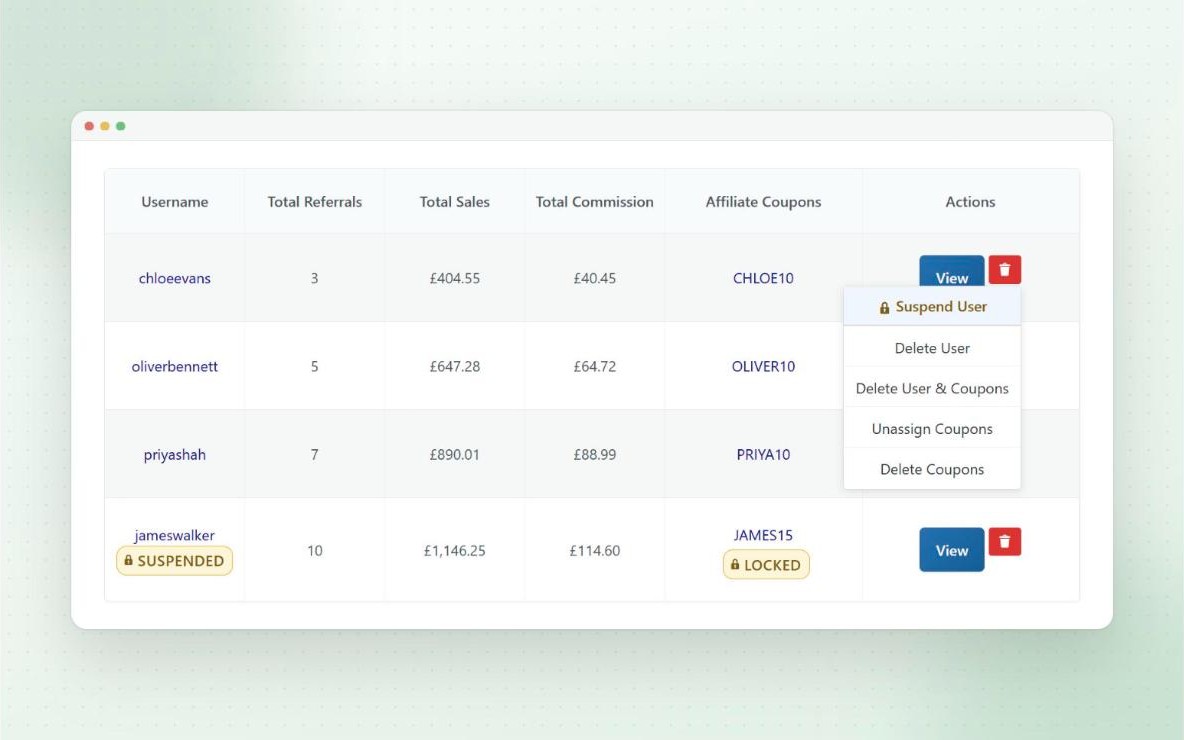 Affiliate users list with the Suspend User option open and a suspended affiliate whose coupon is locked