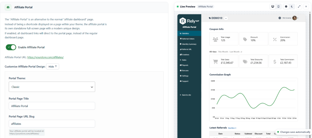 Live Preview panel beside the General settings in Coupon Affiliates, showing the affiliate portal with example data