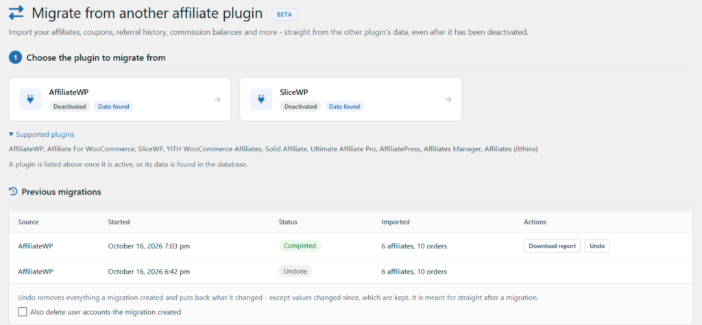 Coupon Affiliates Migration page showing AffiliateWP and SliceWP as plugins to migrate from, the list of supported plugins, and previous migrations with Undo buttons