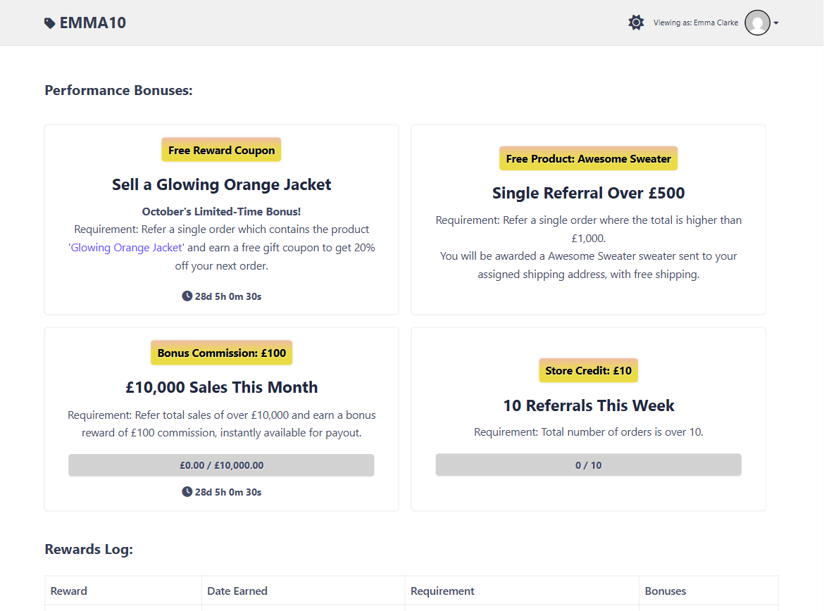 Performance Bonuses tab on the affiliate dashboard, showing bonuses with their rewards, requirements, progress bars and countdowns
