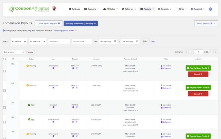 Commission Payouts admin page, with pending and paid payout requests, filters, and buttons to pay or cancel each request