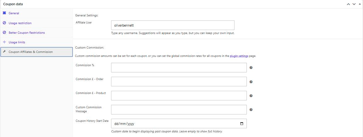 Editing a WooCommerce coupon with the Coupon Affiliates tab open, showing the Affiliate User field and custom commission fields