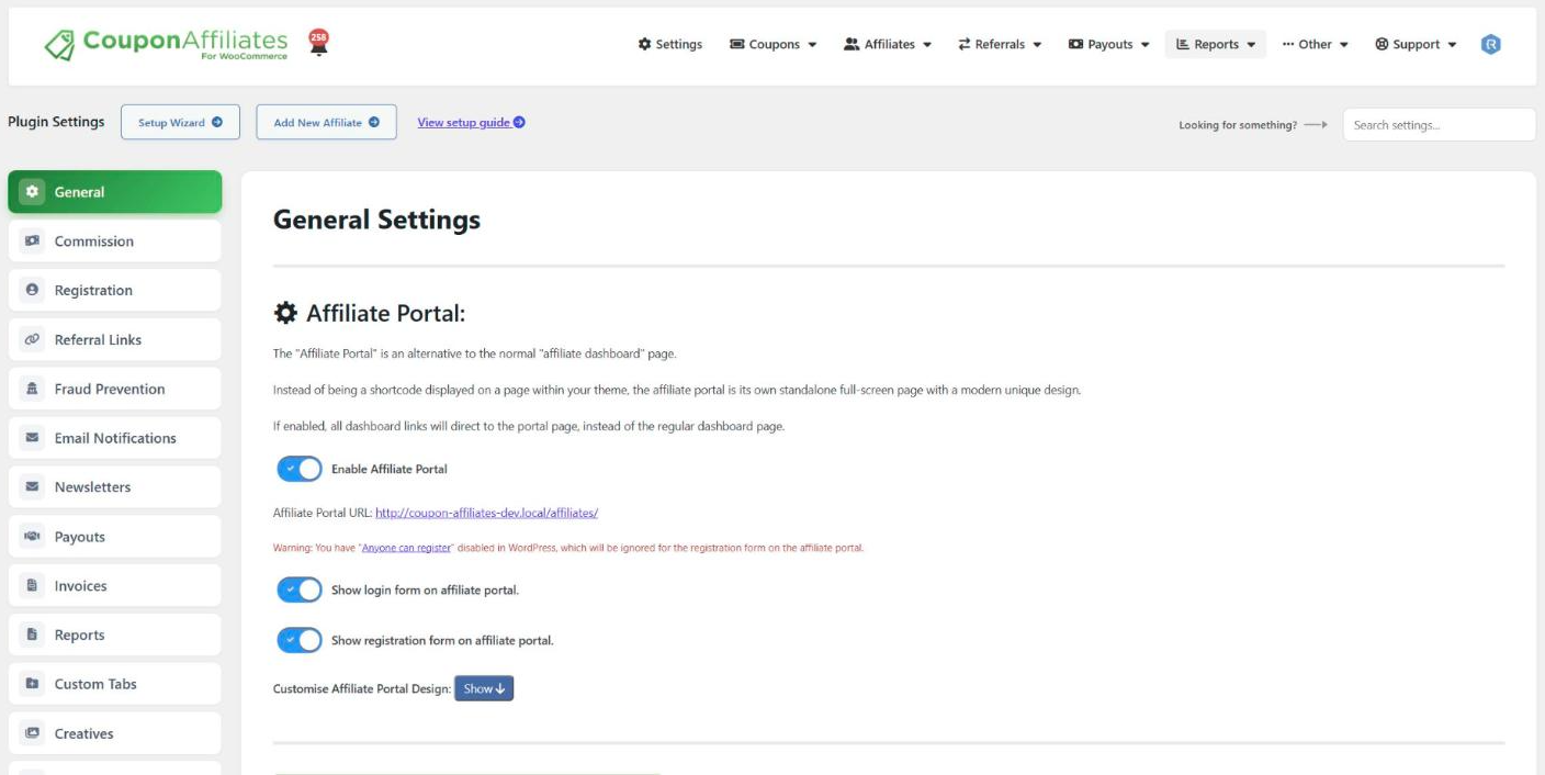 Coupon Affiliates plugin settings page, with the settings tabs (General, Commission, Registration, Referral Links and more) down the left side