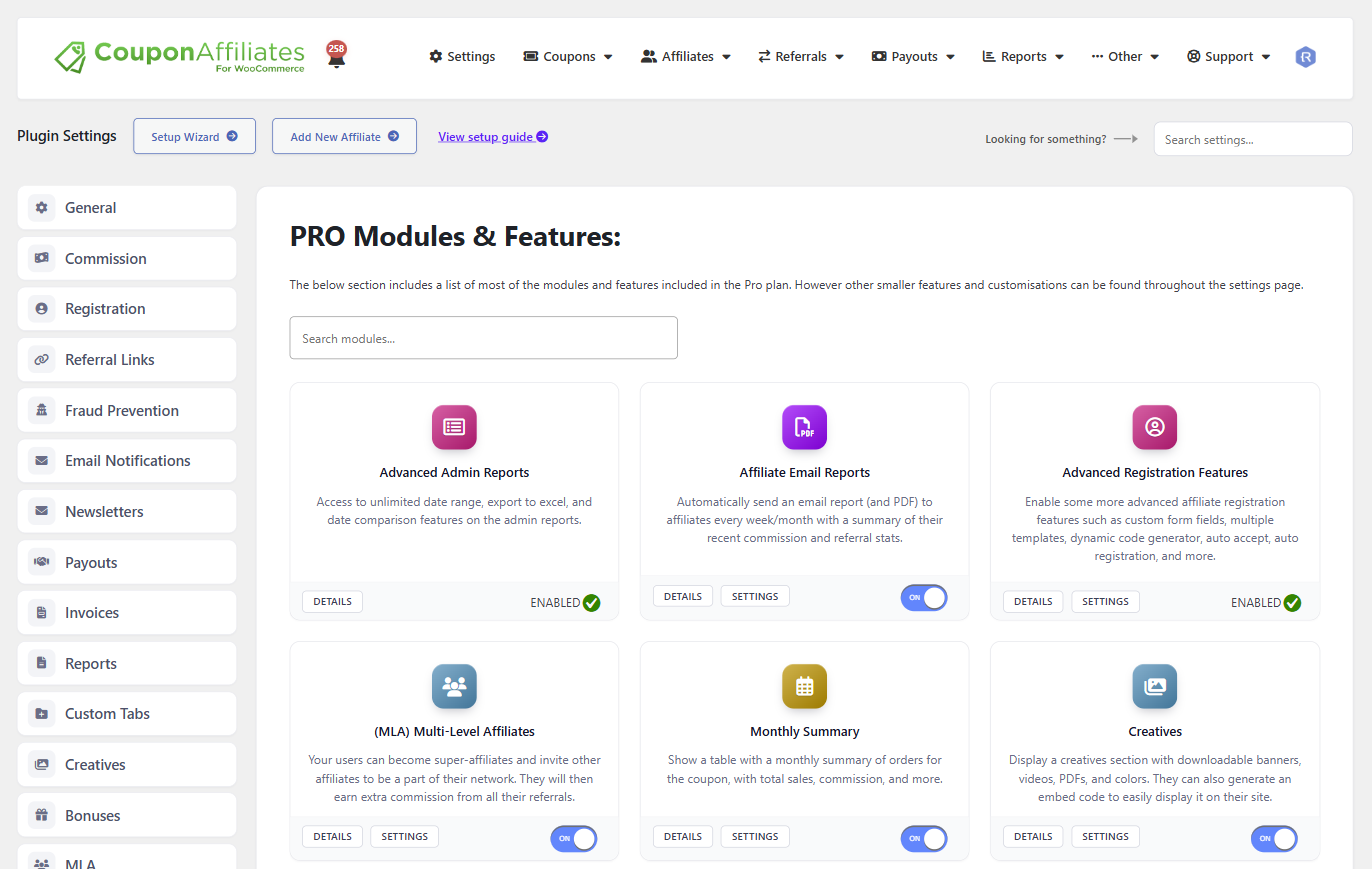 PRO Modules & Features settings, with the settings tabs down the left and module cards that switch on with a toggle