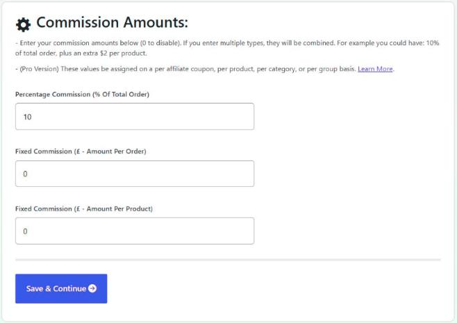 Coupon Affiliates setup wizard step 3, showing the percentage, fixed per order and fixed per product commission fields