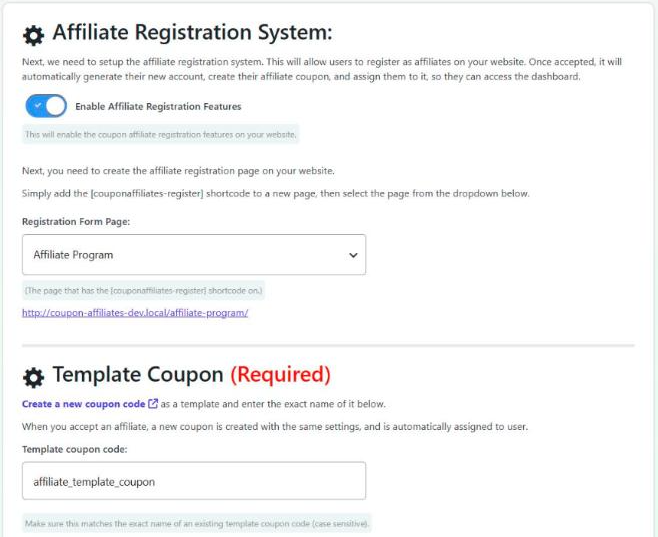 Coupon Affiliates setup wizard step 2, showing the Enable Affiliate Registration Features toggle, Registration Form Page dropdown and Template Coupon field