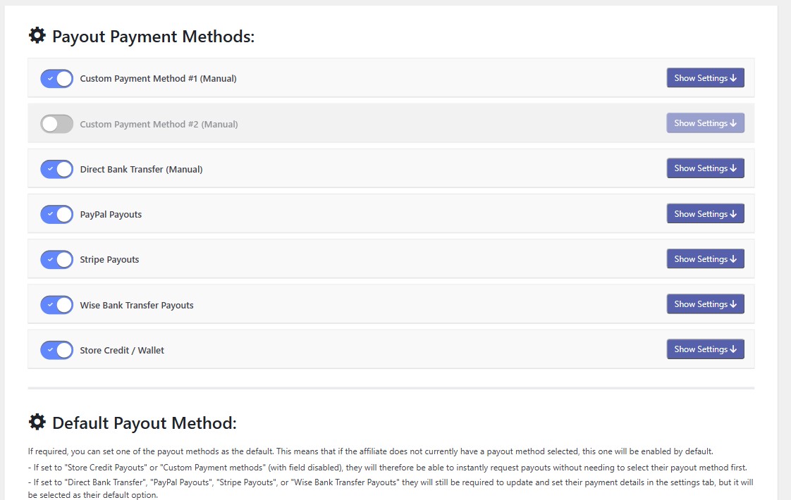 Coupon Affiliates payout methods settings with toggles for bank transfer, PayPal, Stripe, Wise and store credit payouts