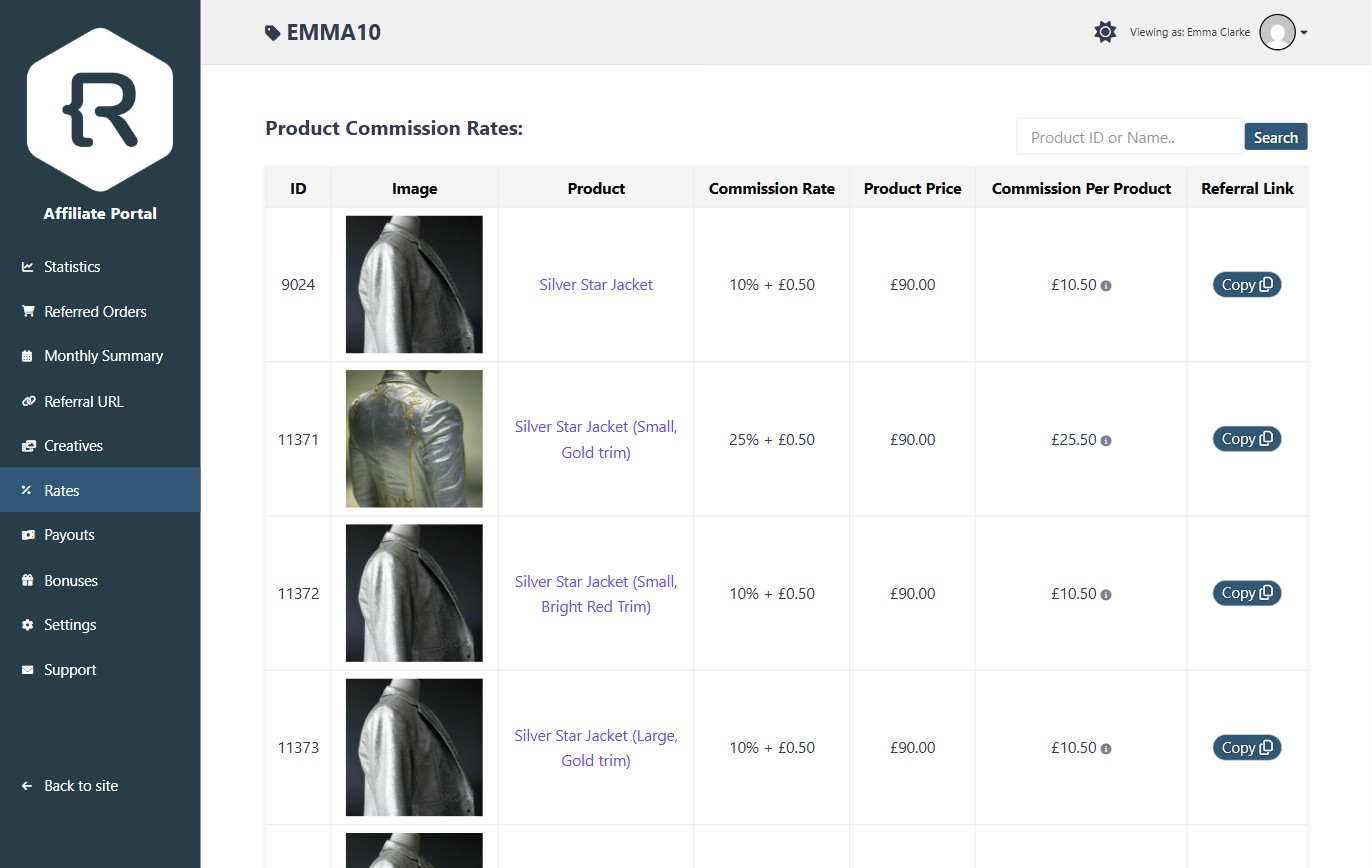 Product commission rates shown in the affiliate portal