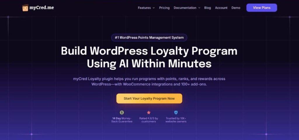 The myCred website homepage, describing it as a WordPress points management system for loyalty programs with WooCommerce integrations