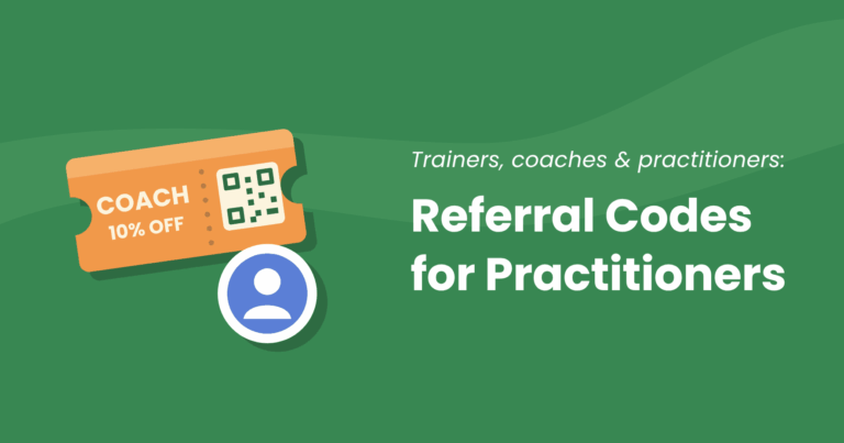 Orange coupon ticket with the code COACH and a QR code next to a person icon, beside the title Referral Codes for Practitioners