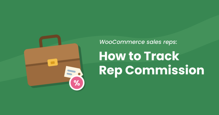 Flat illustration of a brown briefcase with a coupon tag and a pink percent badge, next to the title How to Track Rep Commission for WooCommerce sales reps