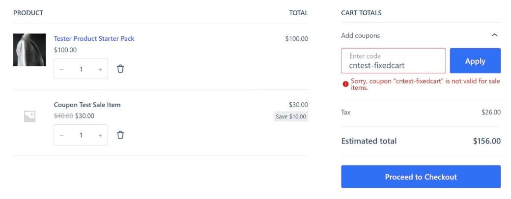 WooCommerce cart block showing the error Sorry, coupon is not valid for sale items when one product in the cart is on sale